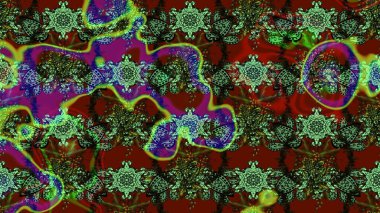 Raster illüstrasyonu. Eski usul. Eskiz geçmişi. Renkli desenli eskiz deseni, yeşil, kırmızı ve gri çiçekler ve dekoratif elementler. Kumaş, tekstil ve duvar kağıdı baskısı için..