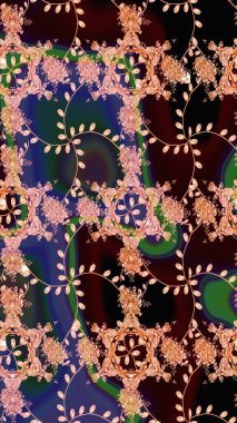 Çiçek süslemeli çizim deseni. Raster illüstrasyonu. Kahverengi, siyah ve pembe renkte çiçekler.