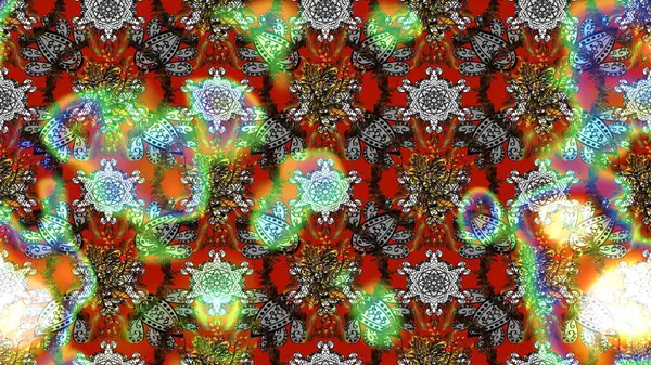 Raster illüstrasyonu. Çiçek desenli çizim. Raster illüstrasyonu. Asya tekstil tarzında. Çiçekler gri, kahverengi ve yeşil renklerde.