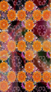 Çiçek desenli çizim. Turuncu renkli çiçekler. Asya tekstil tarzında. Raster illüstrasyonu. Raster illüstrasyonu.