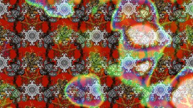 Kahverengi, gri ve kırmızı zarif küçük çiçekler ve kahverengi, gri ve kırmızı renkte komik böcekler, raster desen, illüstrasyon.