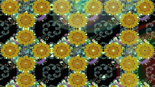 Raster illüstrasyonundaki çiçek desenli çizim. Yeşil renkte çiçekler.