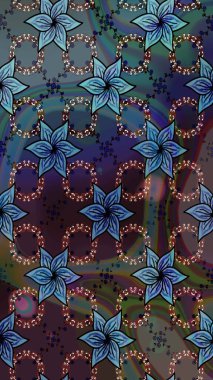 Çiçek desenli çizim. Raster illüstrasyonu. Mavi renkte Asya tekstili.