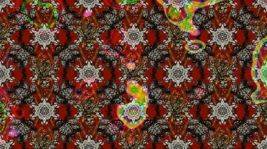 Patlayan çiçekler soyut olarak yerleştirilmiş. Yumuşak, bahar çiçekleri kahverengi, kırmızı ve gri renklerde. Raster illüstrasyonu. Raster deseni.