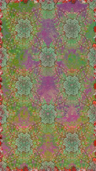 Çiçeksiz desenli nakış işlemeli gelincikler ve vadideki zambaklar. Raster geleneksel çiçek buketi yeşil ve nötr renklerde tekstil tasarımı için.