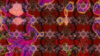 Kumaş desenli papatya çiçeği detayı. Çiçekler kahverengi, kırmızı ve pembe renklerde.