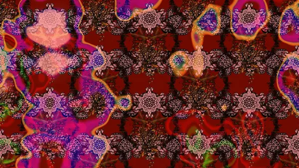 Kumaş desenli papatya çiçeği detayı. Çiçekler kahverengi, kırmızı ve pembe renklerde.