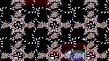 Üzerinde gelincikler ve vadi zambakları olan renkli çiçek desenli nakış deseni. Tekstil tasarımı için siyah, nötr ve kahverengi renkli geleneksel halk çiçekleri buketi.