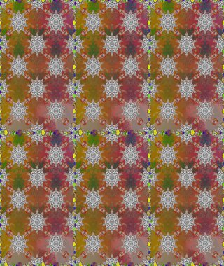 Kumaş, tekstil, duvar kağıdı baskısı için. Eski usul. Kusursuz bir geçmişi var. Renkli şal desenli, kahverengi ve gri çiçekli ve dekoratif elementli kusursuz desen. Raster illüstrasyonu.