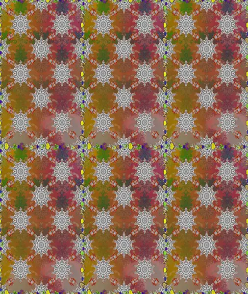 Kumaş, tekstil, duvar kağıdı baskısı için. Eski usul. Kusursuz bir geçmişi var. Renkli şal desenli, kahverengi ve gri çiçekli ve dekoratif elementli kusursuz desen. Raster illüstrasyonu.