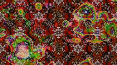 Raster deseni. Bahar çiçekleriyle desen dallı, kahverengi, kırmızı ve yeşil renkler çiçekli siluet.