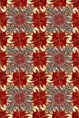 Kırmızı, kahverengi ve bej renklerde altın tekrarlayan elementlerle soyut arkaplan. Kusursuz oryantal klasik altın desen.
