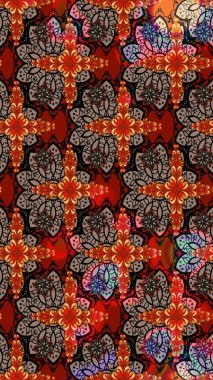 Raster illüstrasyonu. Renkli desenli eskiz deseni, kırmızı çiçekler ve dekoratif elementlerle. Eskiz geçmişi. Eski usul. Kumaş, tekstil ve duvar kağıdı baskısı için..