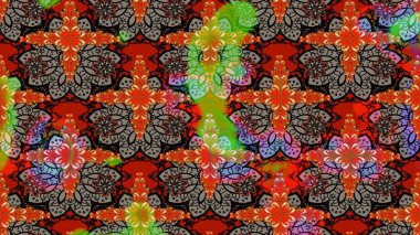 Şirin çiçekli eskiz deseni ve kırmızı renklerde yapraklar, suluboya çiçek deseni, duvar kağıdı, kart veya kumaş için fayanslı. Raster illüstrasyonu.