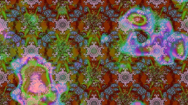 Çiçekler kahverengi, yeşil ve mavi renklerde. Raster illüstrasyonunda çiçek deseni çizimi.