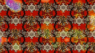 Düz Çiçek Elementleri Tasarımı. Renkli Bahar Teması eskiz kalıbı. Raster illüstrasyonu. Kahverengi, kırmızı ve bej renkli çiçekler. Asya tekstil tarzında. Çiçek desenini çiz.