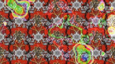 Raster illüstrasyonu. Gri, kahverengi ve kırmızı renklerde Asya tekstili. Suluboya çiçekli çiçek deseni.