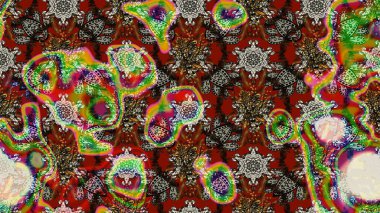 Suluboya elle çizilmiş çiçek desenli eskiz deseni. Parlak renkli fantezi çiçekleri, yapraklar, tomurcuklar kahverengi, kırmızı ve gri renklerde kahverengi, kırmızı ve gri.