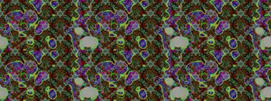 Çok yeşil, gri ve kahverengi zarif küçük çiçekler ve yeşil, gri ve kahverengi renkli komik böcekler, raster desen, illüstrasyon.