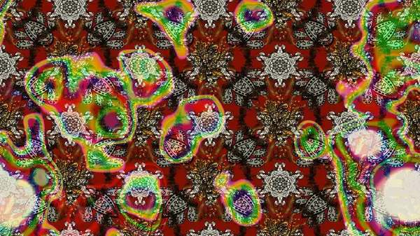 Suluboya elle çizilmiş çiçek desenli eskiz deseni. Parlak renkli fantezi çiçekleri, yapraklar, tomurcuklar kahverengi, kırmızı ve gri renklerde kahverengi, kırmızı ve gri.