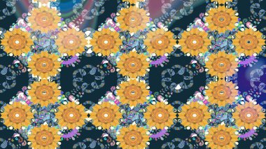 Renkli Bahar Teması eskiz kalıbı. Düz Çiçek Elementleri Tasarımı. Güzel çiçek deseni. Mavi renkte çiçekler.