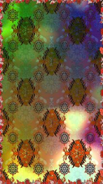 1950-1960 motifleri. El çizimi çiçek unsurları olan soyut, dikişsiz raster deseni. Retro tekstil tasarım koleksiyonu. Çiçekli ipek eşarp. Kahverengi üstüne kahverengi.