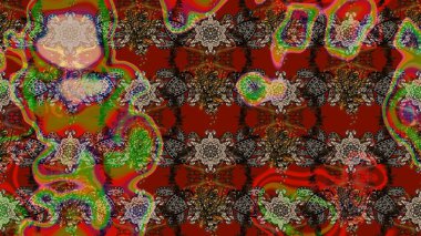 Çiçeksel çizim kalıbının yansıması. Vadinin çiçekleri kahverengi, kırmızı ve yeşil renklerde.