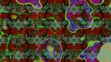 Eskiz geçmişi. Kumaş, tekstil, duvar kağıdı baskısı için. Renkli desenli eskiz deseni, yeşil, kırmızı ve gri çiçekler ve dekoratif elementler. Raster illüstrasyonu. Antika retro tarzı.