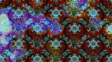 Küçük çiçekte hoş bir çiçek deseni var. Çiçeksel elementlerle süslenmiş zarif raster dokusu. Parlak çiçekli mavi, kahverengi ve kırmızı renkler üzerine soyut çizim deseni.