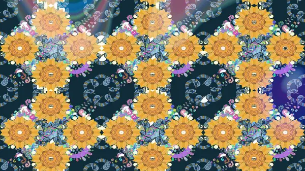 Renkli Bahar Teması eskiz kalıbı. Düz Çiçek Elementleri Tasarımı. Güzel çiçek deseni. Mavi renkte çiçekler.