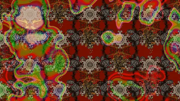 Çiçeksel çizim kalıbının yansıması. Vadinin çiçekleri kahverengi, kırmızı ve yeşil renklerde.