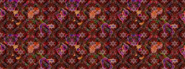 Raster illüstrasyonu. Kahverengi, kırmızı ve siyah renkli Asya tekstili. Suluboya çiçekli çiçek deseni.