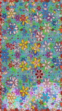 Pürüzsüz desenli, mavi ve yeşil renkli parlak çiçekli halı..