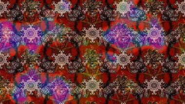 Kahverengi, kırmızı ve siyah küçük çiçekler ve kahverengi, kırmızı ve siyah renkli komik böcekler, raster desen, illüstrasyon.