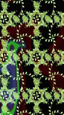 Şirin çiçekli eskiz deseni ve siyah, yeşil ve kahverengi renkli yapraklar, suluboya çiçek deseni, duvar kağıdı, kart veya kumaş için fayanslı. Raster illüstrasyonu.