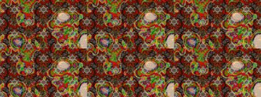 El çizimi çiçek unsurları olan soyut çizim raster deseni. Çiçekli ipek eşarp. Retro tekstil tasarım koleksiyonu. Kahverengi, kırmızı ve yeşil kahverengi, kırmızı ve yeşil. 1950 'ler-1960' lar motifleri.