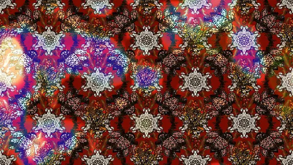 Raster illüstrasyonu. Asya tekstil tarzında. Çiçek desenli çizim. Düz Çiçek Elementleri Tasarımı. Güzel kumaş deseni. Renkli Bahar Teması çizim şablonu.