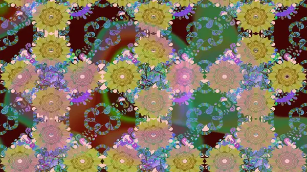Parlak çiçekli yeşil renkler üzerine soyut çizim deseni. Çiçeksel elementlerle süslenmiş zarif raster dokusu. Küçük çiçekte şirin bir çiçek deseni var..