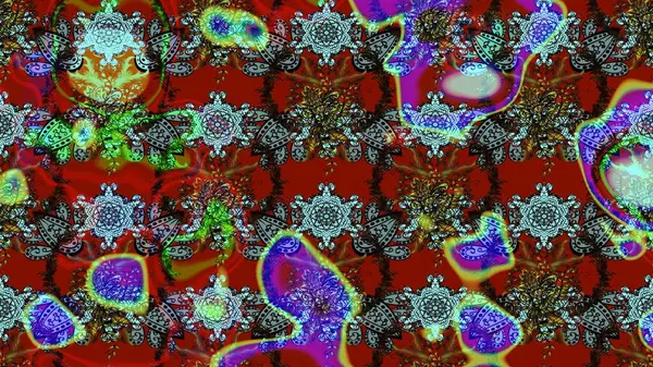 Raster illüstrasyonu. Kırmızı, kahverengi ve mavi renklere karalamalar çizilmiş çiçek deseni.