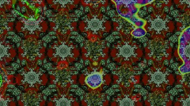 Varicologreen, gri ve kırmızı raster çizimi. Küçük çiçekteki sevimli çiçek deseni. Birçok yeşil, gri ve kırmızı soyut çiçekli tropik çizim deseni.