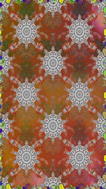 Renkli grunge, soyut arkaplanı colokahverengi çiçeklerle süslüyor. İşlemeli çiçekli, dikişsiz desen. İzler, kumaş, duvar kağıtları, tekstil için raster dokusu.