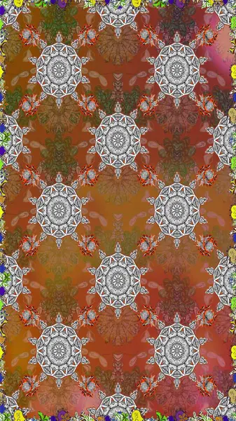 Renkli grunge, soyut arkaplanı colokahverengi çiçeklerle süslüyor. İşlemeli çiçekli, dikişsiz desen. İzler, kumaş, duvar kağıtları, tekstil için raster dokusu.