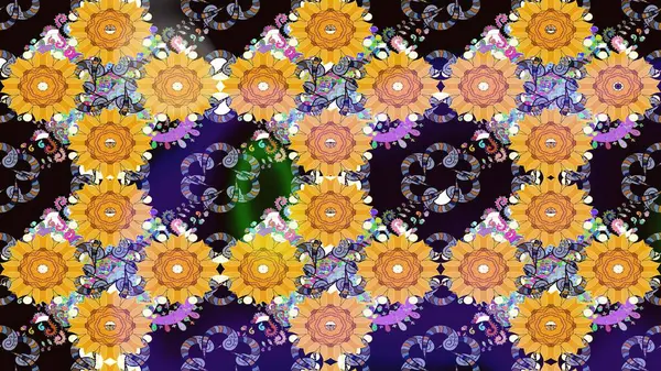 Raster suluboya çiçek deseni, narin çiçekler, sarı çiçekler, tebrik kartı şablonu. Raster Güzel kumaş deseni.