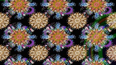 Düz Çiçek Elementleri Tasarımı. Renkli Bahar Teması eskiz kalıbı. Güzel kumaş deseni. Raster illüstrasyonu. Asya tekstil tarzında. Çiçek desenini çiz.