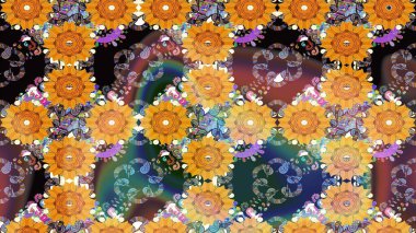 Çiçeksel elementlerle süslenmiş zarif raster dokusu. Parlak çiçekli sarı renkler üzerine soyut çizim deseni. Küçük çiçekte şirin bir çiçek deseni var..