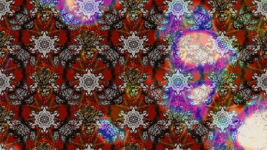 Kahverengi, gri ve kırmızı renkte çiçekler. Kumaş desenli papatya çiçekleri ayrıntıları.