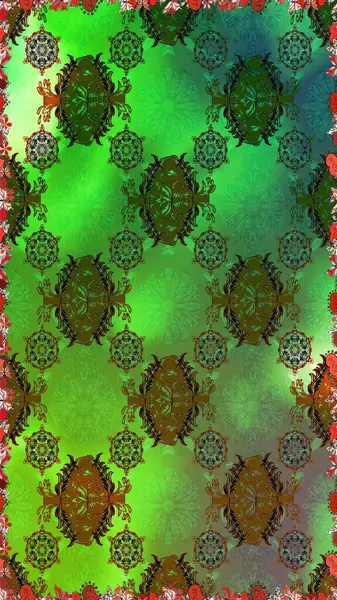 Raster deseni. Yeşil ve kahverengi el çizimi desen. Karalama çiçekleri kusursuz desen. Sanat ilham verici ve kahverengi tarzı çiçekler ve arkaplan bırakır.