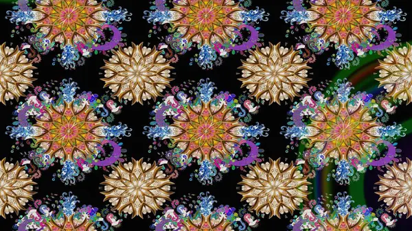 Düz Çiçek Elementleri Tasarımı. Renkli Bahar Teması eskiz kalıbı. Güzel kumaş deseni. Raster illüstrasyonu. Asya tekstil tarzında. Çiçek desenini çiz.