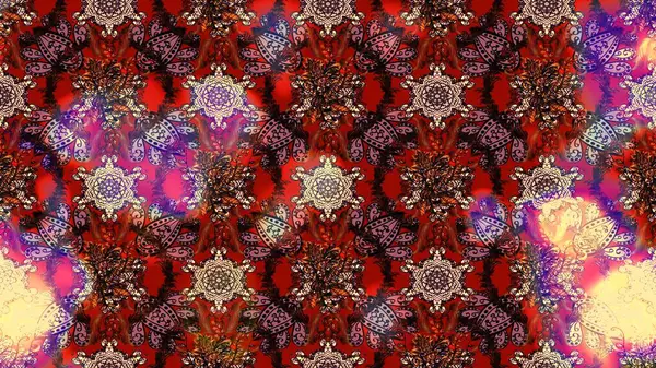 Raster illüstrasyonu. Patlayan çiçekler soyut olarak yerleştirilmiş. Kahverengi, kırmızı ve pembe renklerde bahar çiçekleri. Raster deseni.