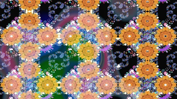 Çiçek desenli eskiz. Mavi renkli çiçekler. Renkli Bahar Teması eskiz kalıbı. Düz Çiçek Elementleri Tasarım Raster illüstrasyonu.